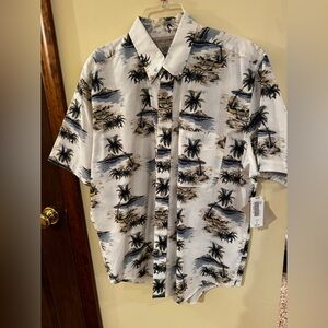 Men's Tropical Button-Down Shirt - White with Black & Tan Print